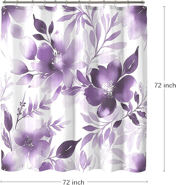 Floral Shower Curtain, Purple Watercolor Flower Shower Curtains for Bathroom, Modern Minimalist Waterproof Fabric Bath Decoration 72x72 Inch