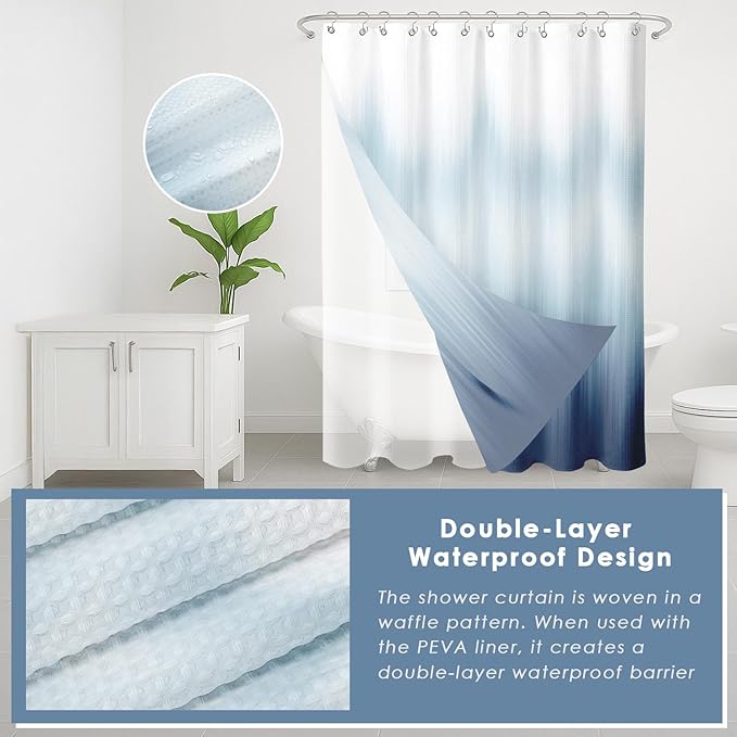 Britimes Blue Stripes Bathroom Sets with Shower Curtain and Rugs, Ombre Modern Abstract Waterproof Shower Curtain Liner and Soft Non Slip Bath Mat for Bathroom Decor and Accessories Hooks