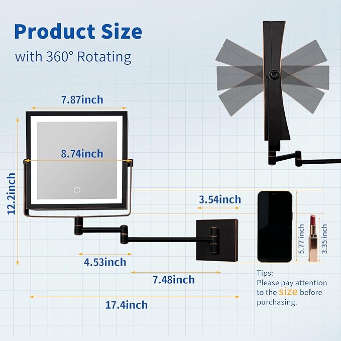 Ruacq Rechargeable Wall Mounted Makeup Mirror with Lights, Double Sided 1X/10X Magnifying Vanity Mirror with 3 Color Lights, Touch Screen Dimmable, 360° Rotation Foldable Arm (Oil Rubbed Bronze)