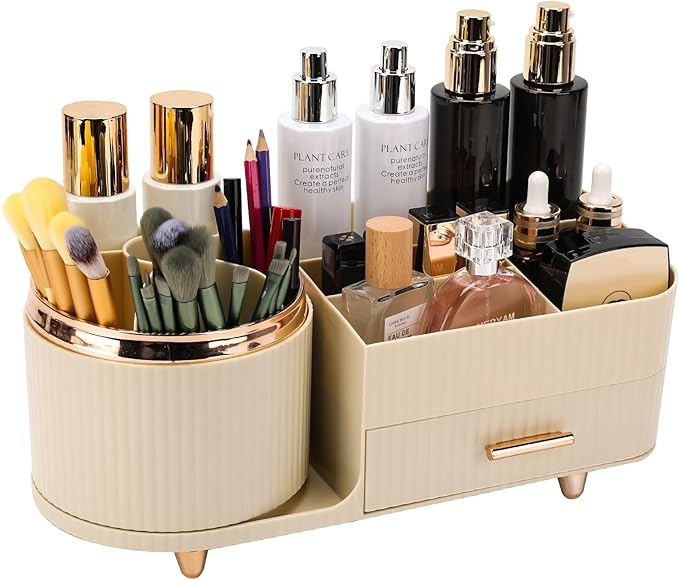 Beborxue 360?? Rotating Makeup Organizer for Vanity with Drawers, Large Capacity Cosmetic Display Case, skincare organizer, Cosmetic Organizer for Lipstick, Skincare, Brushes, Eyeshadow, (Rice White)