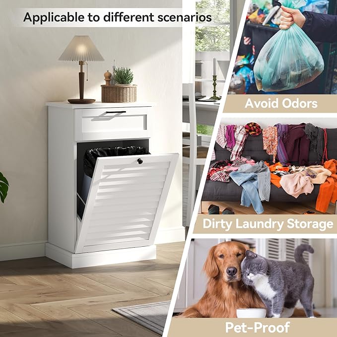 Loomie Upgraded Tilt Out Laundry Hamper Cabinet, Trash Can Cabinet with Shutter Front & Drawer, Hidden Garbage Can Bin Cabinets with Laundry Storage Basket for Bathroom, Kitchen (White, Single)