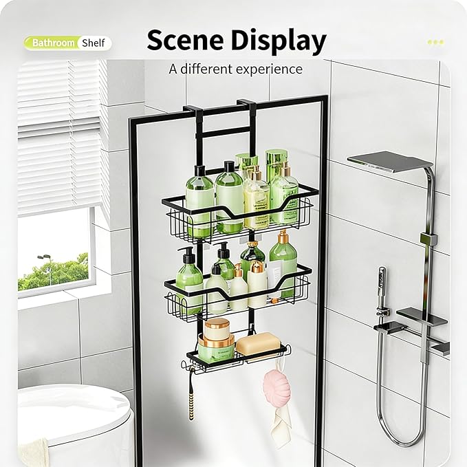 Two Layer Bathroom Storage Shelf Mounted on Door Highlighting 3 Fasteners Integrated Soap Dish Quick Drains Structure Bronzing Cream Door Cart