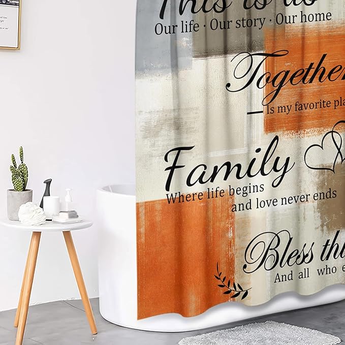 Family Home Motivational Shower Curtain Set with Toilet Lid Cover and Non-Slip Rugs for Bathroom, Orange Beige Abstract Painting Art 4 Pcs Shower Curtain, Modern Bathroom Set with 12 Hooks