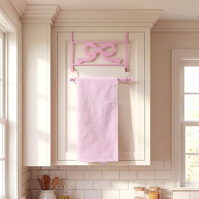 Cabinet Door Towel Holder Pink Bow Over The Cabinet Cupboard Door Towel Rack Metal Decorative Kitchen Dish and Hand Towels Bar Holder Coquettish Preppy Decor for Bathroom Kitchen