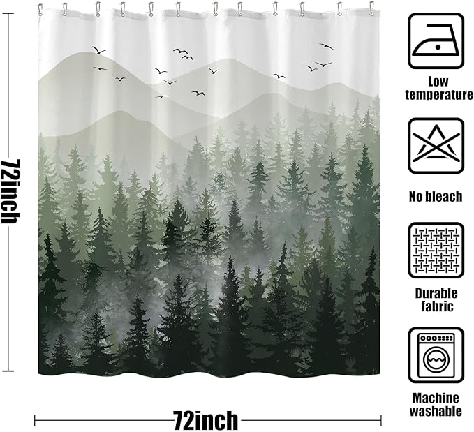 Accnicc Green Misty Forest Shower Curtain Ombre Sage Green White Waterproof Fabric Shower Curtains for Bathroom Nature Pine Tree Mountain Woodland Decorative Bath Curtain Decor (72'' Ć 72'')