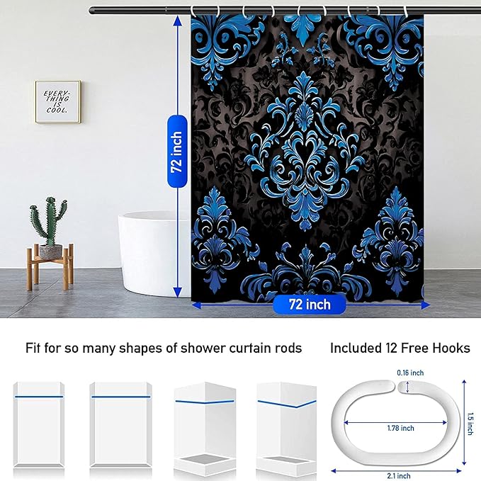 NBVKO 4Pcs Luxury Damascus Blue Flower Pattern Shower Curtain Set with 12 Hooks Non-Slip Rugs,Toilet Lid Cover and Bath Mat,Dark Gold Bathroom Decor for Hotel & Home Bathroom