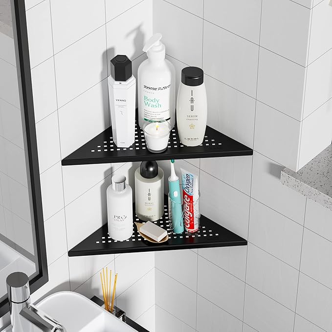 Qeke 2 Pack Bathroom Corner Shelf, Recessed 12" Corner Shower Shelf, SUS304 Stainless Steel Triangular Wall Mount, No Drilling, Matte Black