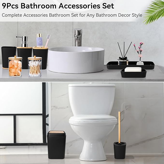 XLHOMO Bathroom Set Black Bathroom Trash Can, 9 Piece Bathroom Decor Toothbrush Holder, Cup, Lotion Dispenser, Tray, Soap Dish, Toilet Brush, Qtip Holder