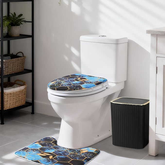 Bathroom Accessory Set with Blue Shower Curtain and Rugs 24Pcs, Black Bathroom Set - Trash Can, Soap Dispenser, Soap Dish, Toilet Brush, Toothbrush Holder, Toothbrush Cup, Toilet Lid Cover