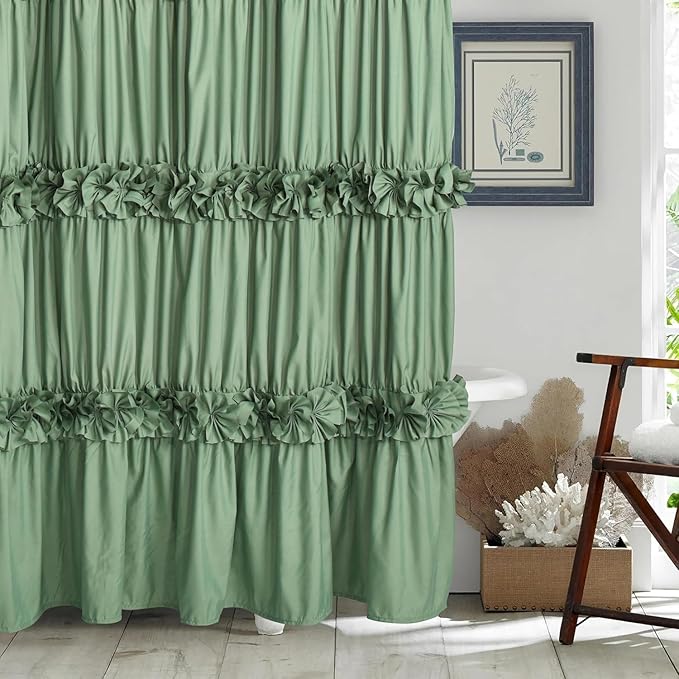 Light Green Ruffle Shower Curtain 72“ W x 84” H, Vintage Handcrafted Bow Tie Bath Curtain for Master Bathroom, Ruched Microfiber Bathroom Curtain with 12 Buttonholes (LQ-10)