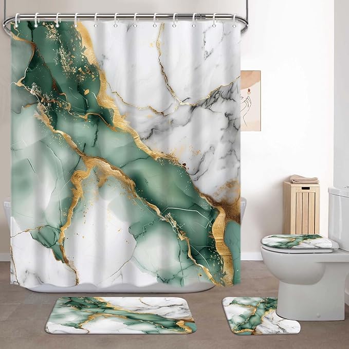 Lnond 4Pcs Bathroom Sets with Shower Curtain and Rugs, Marble Bathroom Shower Curtain Sets, Green Grey Gold Modern Art Bathroom Sets with Rugs and Accessories