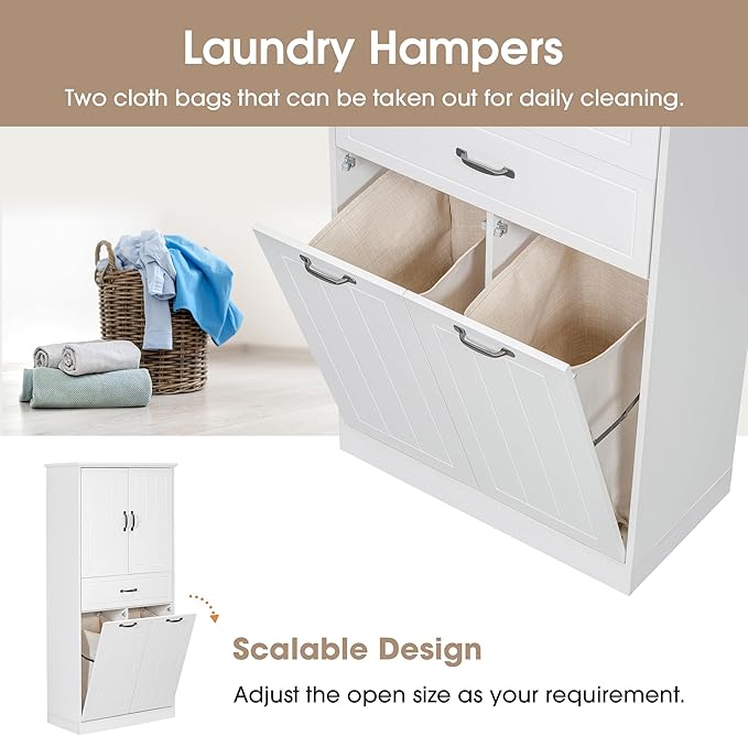 Virubi Tall Bathroom Storage Cabinet with 2 Tilt Out Laundry Hamper, Wood Bathroom Laundry Cabinet with Doors and Drawer for Home, Laundry Baskets, Adjustable Shelves, Freestanding
