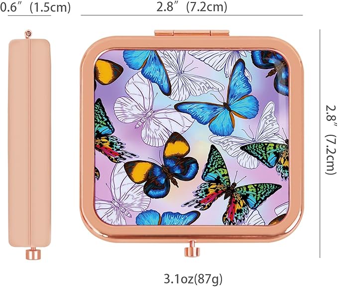 Compact Mirror for Purse, Double-Sided 1X/2X Magnifying Metal Pocket Makeup Mirrors(Square, Rose Gold Butterfly)