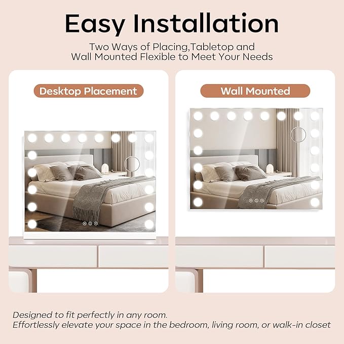 Vanity Mirror with Lights Large, Hollywood Lighted Makeup Mirror with 18 Dimmable Bulbs, 3 Color Lights, 10X Magnifier, USB/Type-C Charging, Gifts for Women, White (32" W x 24" H)
