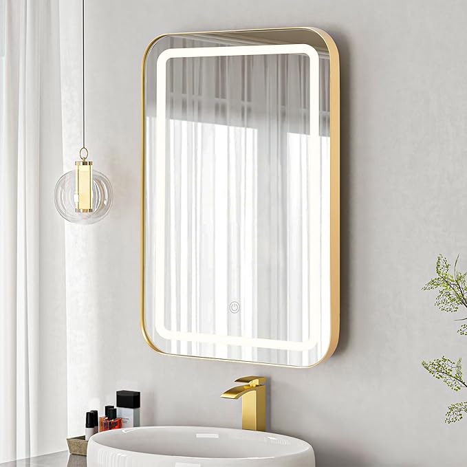 SogesHome Wall Mounted Mirror Medicine Cabinet 24"X16" with LED Lights, Rectangular Vanity Mirror Storage with Shelves, Modern Recessed Mirror Medicine Cabinet for Bathroom, Bedroom, Gold