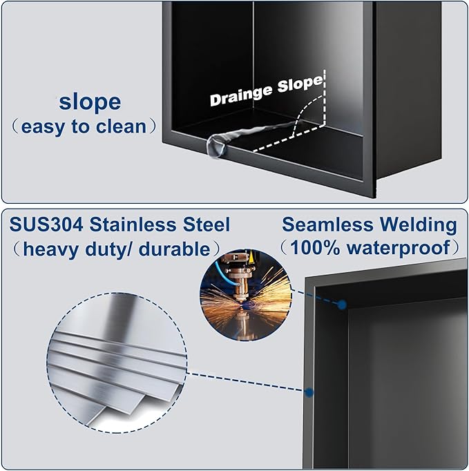 Neodrain Shower Niche, Insert Bathroom Storage Shower Shelf, Stainless Steel Recessed Wall Niche No Tiled Recessed Cabinet Waterproof for Shower Storage(Matte Black,36"x12")