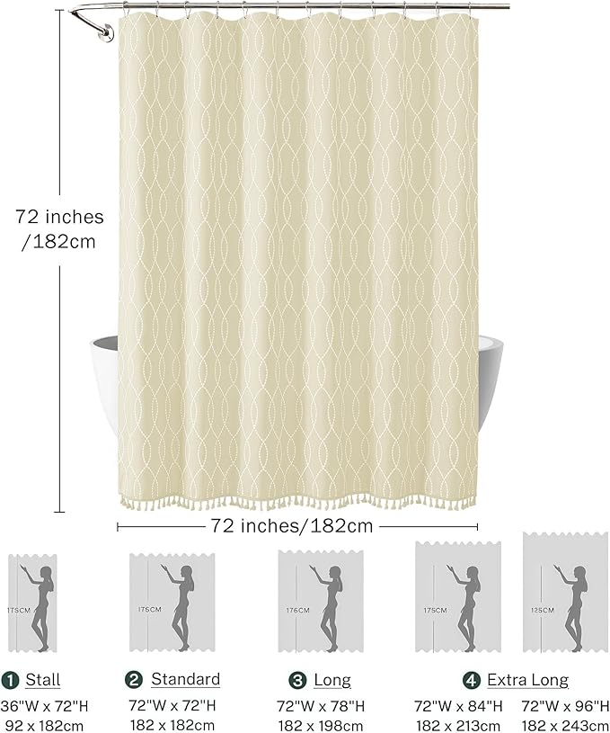 OVZME Light Beige Shower Curtain for Bathroom, Puff Printed Textured Shower Curtain with Tassels, Rustic Geometry Heavy Duty Vintage Country Bathroom Curtain, Water Resistant Fabric, 72Wx72L Inches