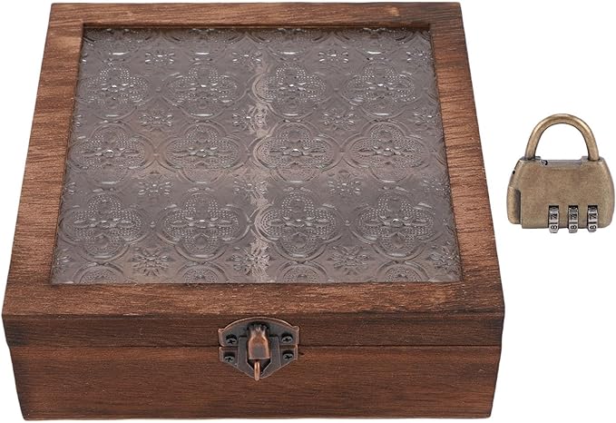 TOPINCN Floral Wooden Jewelry Box, Vintage Makeup Organizer, Trinket Holder Container, Quadrate Small Storage Case with Glass Lid for Cosmetics, Vanity Table, Desk Decorative