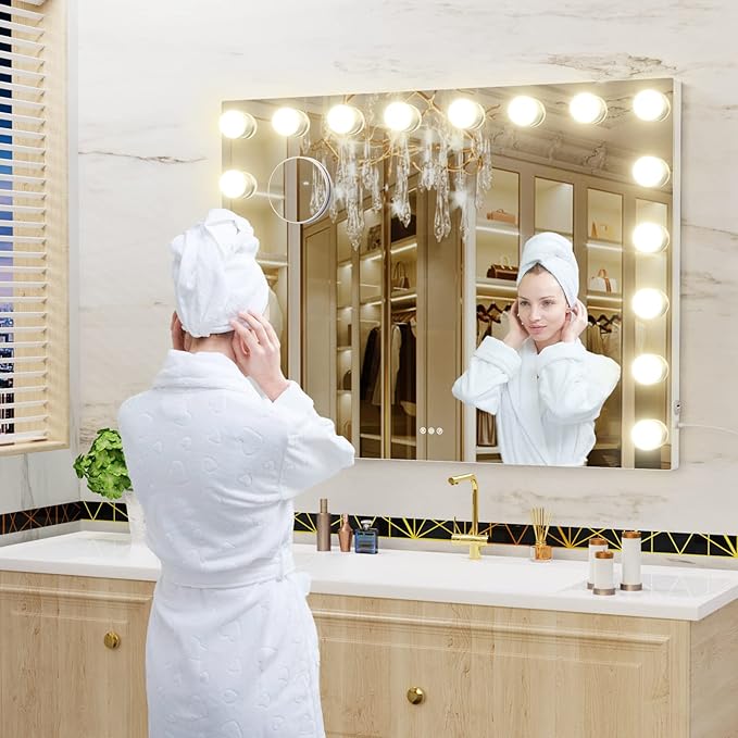 Gvnkvn 18 Extra Bulbs Vanity Mirror with Lights with USB & Type-C Charing, 32WX24L Tabletop Hollyhood Makeup Mirror, Lighted Vanity Mirror,3 Colors Modes,Touch Control,Metal Frame,White