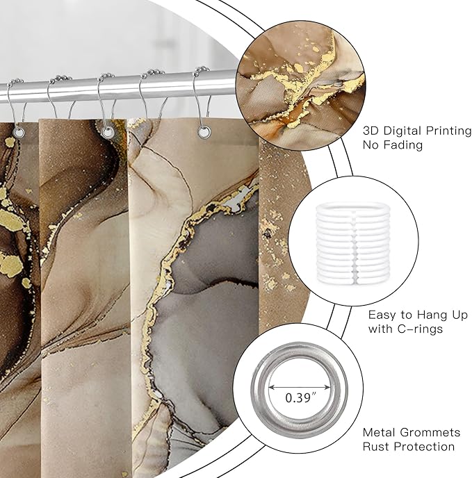 4PCS Brown Marble Bathroom Sets with Shower Curtain and Rugs, Abstract Gold Shower Curtain Sets with Rugs for Bathroom Decor, Bathroom Curtains Shower Set with Toilet Lid Cover Accessories