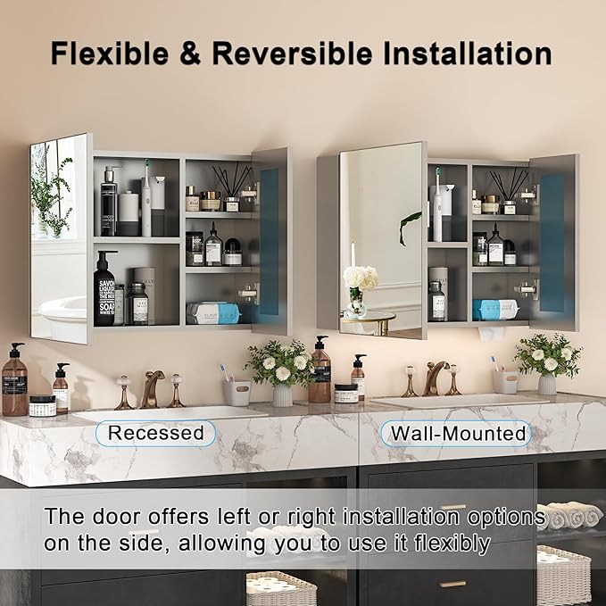 24x32 Inch Bathroom Medicine Cabinet with Mirror, Pre-Assembled Bathroom Medicine Cabinets, Surface/Recessed Wall Mounted Farmhouse Large Medicine Cabinet, Sliver