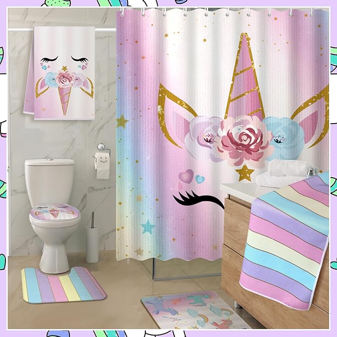 Nuanchu 6 Pcs Unicorn Shower Curtain Set with Rug Rainbow Unicorn Bathroom Sets with Shower Curtain Bath Mat U Shaped Mat Toilet Lid Cover 2 Bath Towels and 12 Hooks Pink Girls Bathroom Decor