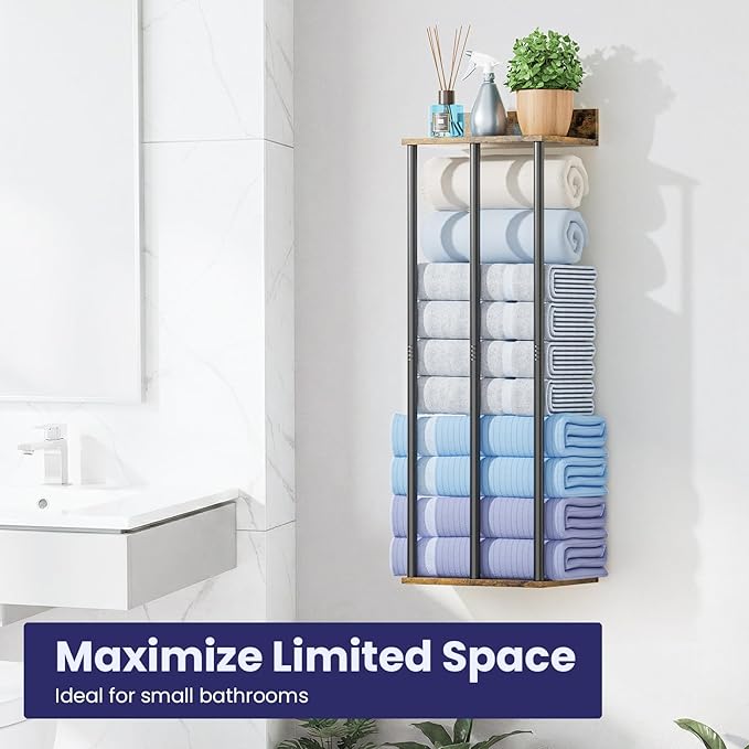 Towel Rack with Shelf – Modern Towel Holder for Bathroom Wall Mounted, Holds 6 Large Bath Towels, Rolled Towel Organizer for Bathroom, Laundry Room, and Small Space Storage,Vintage Color