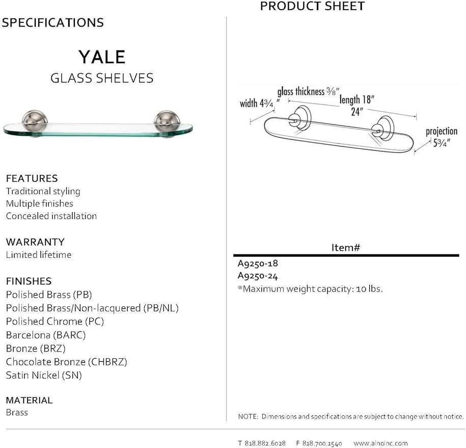 Alno A9250-18-BARC Yale Glass Shelf with Traditional Brackets, Barcelona, 18"