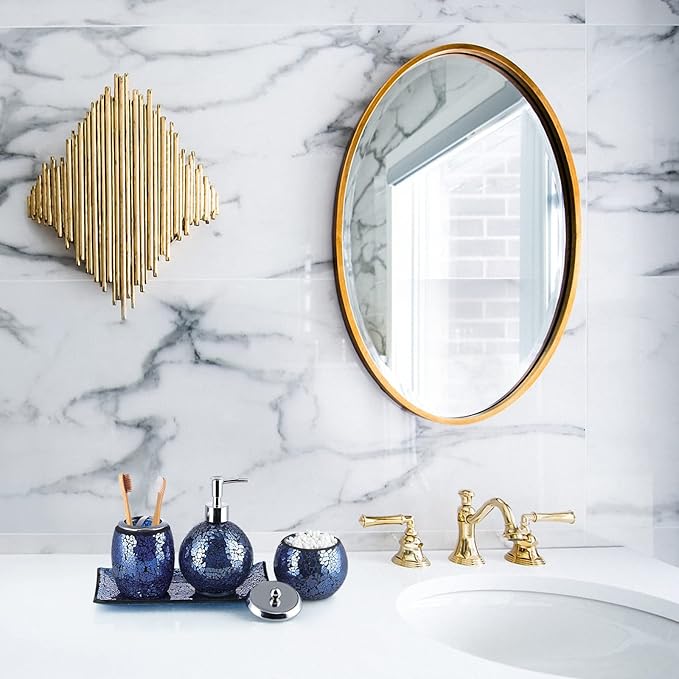 4 Pcs Mosaic Glass Bathroom Accessories Set, Modern Luxury Bath Ensemble, Includes Soap Dispenser, Cotton Swab Jar, Toothbrush Holder, Vanity Tray (Shiny Blue)
