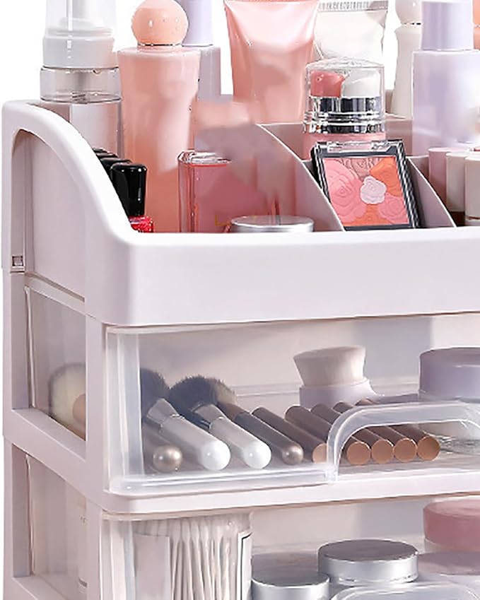 GOTOTOP 3 Tier Drawer Makeup Storage Box, Clear Plastic Cosmetic Organizer, Stationery Storage with Jewelry Drawer, Drawers