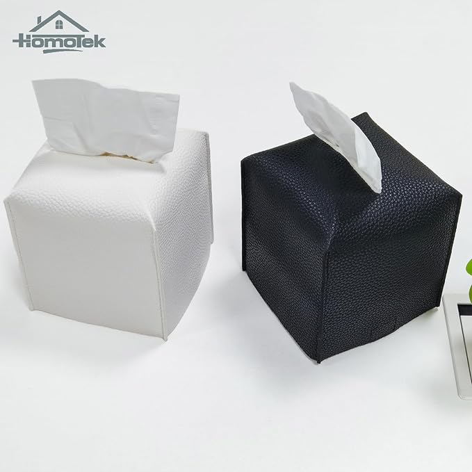 HOMOTEK 2 Pack Tissue Box Cover, Square PU Leather Tissue Holder, Decorative Facial Tissue Cube Paper Organizer Dispenser for Bathroom, Night Stands, Desk, Car 5X5X5'' - Matte Black, Pebble Grain