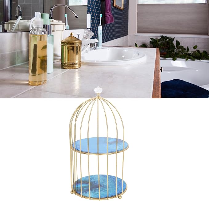 Double Layer Storage Shelf Bird Cage Organizer Display Rack for Bathroom Countertop Dressing Table Gold Frame (Agate Stone Pattern)