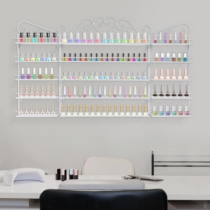 Wall-Mounted Nail Polish Storage Racks Metal Nail Polish Holder 5 Tiers Salon Wall Shelf Organizer Wall Shelf for Nails Salons, Beauty Shops, Stores (1 Middle Rack, 2 Side Racks, White)