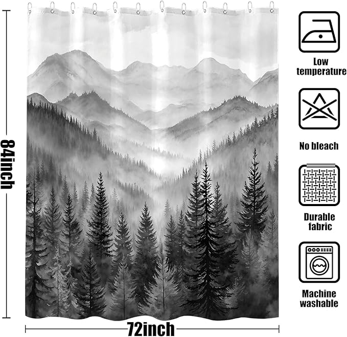 Accnicc Forest Mountain Shower Curtain Black and White Nature Misty Pine Tree Shower Curtains for Bathroom Dark Grey Foggy Rustic Woodland Decorative Waterproof Fabric Bath Curtain Decor 72×84 Inches
