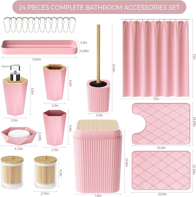 Pink Bathroom Accessories Set - Bathroom Set with Shower Curtain and Rugs, Trash Can, Toilet Brush with Holder, Soap Dispenser, Toothbrush and Toothpaste Holder, Cup, Soap Dish, Qtip Holders