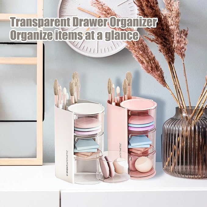 WCHOSOZH 3-Tier Clear Hair Accessories Organizer with Hair Brushes Holder, Rotatable Drawer Makeup Sponge Holder Desktop Organizer Case for Makeup Brush Lipsticks Q-tip Cotton Swab Stationery (Pink)
