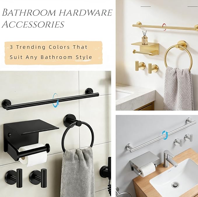5Pcs Bathroom Hardware Accessories, 24 Inch Matte Black Bath Towel Bar Set, Toilet Paper Holder with Shelf, Stainless Steel Wall Mounted Towel Rack Set, Center Section Removable