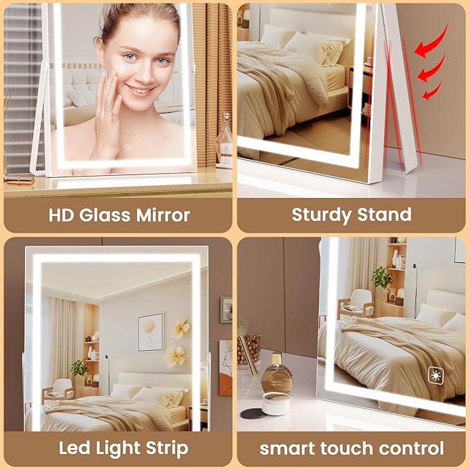 Gvnkvn Vanity Mirror with Lights, 11"× 14" LED Makeup Mirror, Lighted Makeup Mirror with Lights, Smart Touch Control Dimmable 3 Modes Light 360°Rotation Gold
