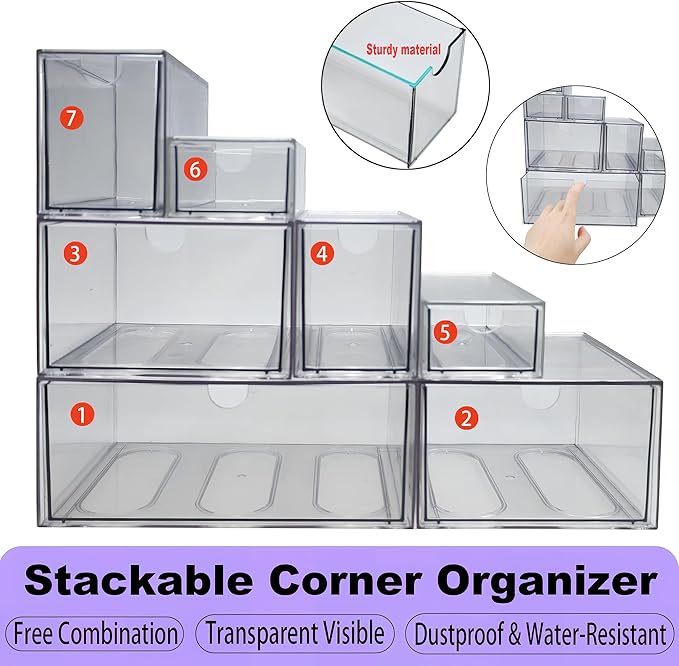 7 Pack Stackable Storage Drawers Acrylic Bathroom Makeup Organizer Clear Plastic Storage Bins for Makeup,Vanity,Pantry,Desk,Undersink,Kitchen