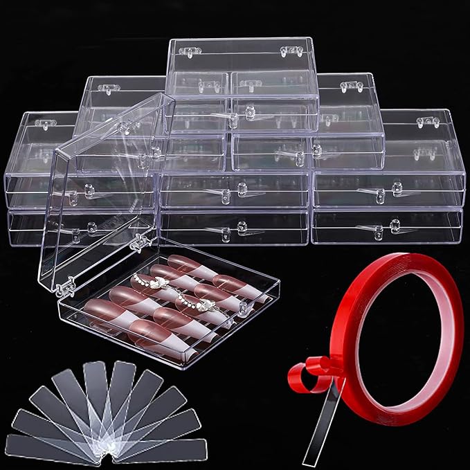 Noverlife 10PCS Press On Nail Storage Box, 2.6x2.6 inch / 6.5x6.5cm Clear Empty Plastic Nail Tips Storage Box with Arcylic Nail Display Sticks, Nail Glue Double Sided Tape for Press on False Nail