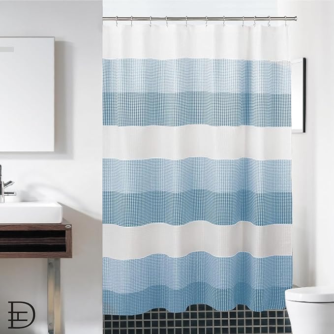 Dainty Home Ombre Waffle Weave Shower Curtain 70 x 72 Blue Textured Fabric Shower Curtain, Hotel Style Waffle Weave Bathroom Curtain, Water Resistant Polyester Ombre Shower Curtain