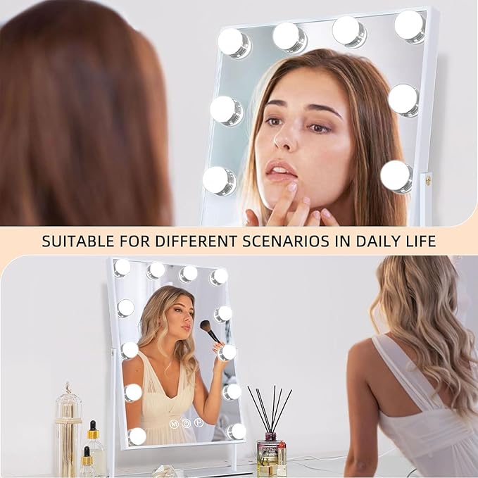 FENCHILIN Vanity Mirror with Lights, 19''x12'' Makeup Hollywood Mirror for Desk with 12 Bulbs Light Smart Touch Control 3 Colors Dimmable Light Detachable 10X Magnification 360°Rotation
