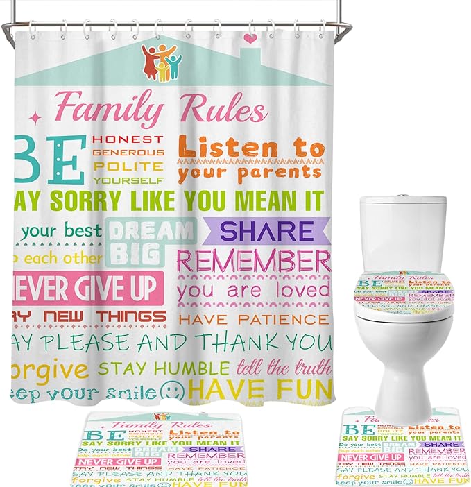 AAtter 4 Piece Kids Shower Curtain Set Girly Girls Boys Teen Toddler Inspirational 60Wx72L Inch Decor with Non-Slip Rugs, Toilet Lid Cover and Bath Mat Bathroom Accessories Home Bathtub Set, Colorful