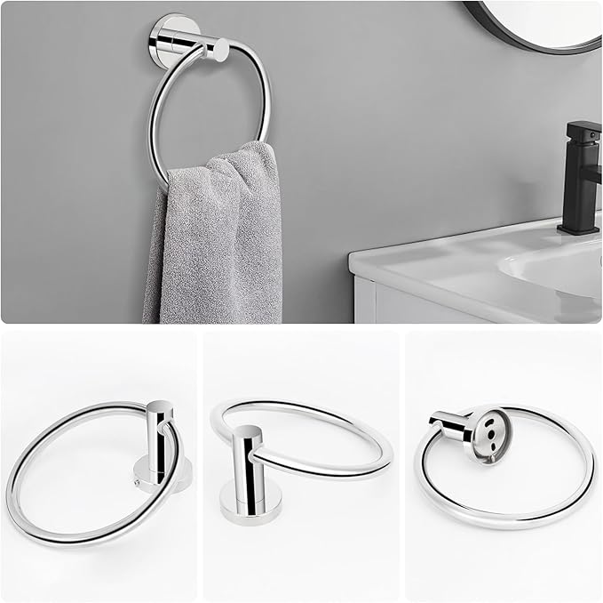 NearMoon 5 Pieces Bathroom Hardware Set SUS304 Thicken Stainless Steel-Towel Rack Kit Include 24" Towel Rod + Bath Towel Ring + Toilet Paper Holder + Robe Towel Hooks Bath Accessories (Chrome Finish)
