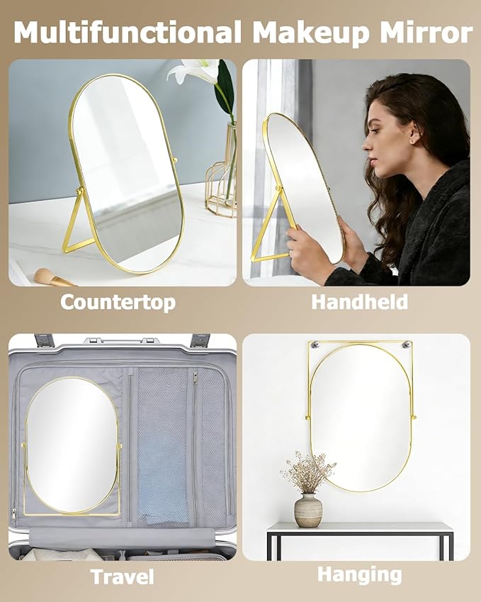 Vanity Desk Table Mirror, Adjustable Rotation Oval Tabletop Standing Makeup Mirror with Metal Framed for Living Room, Bedroom, Bathroom, Gold