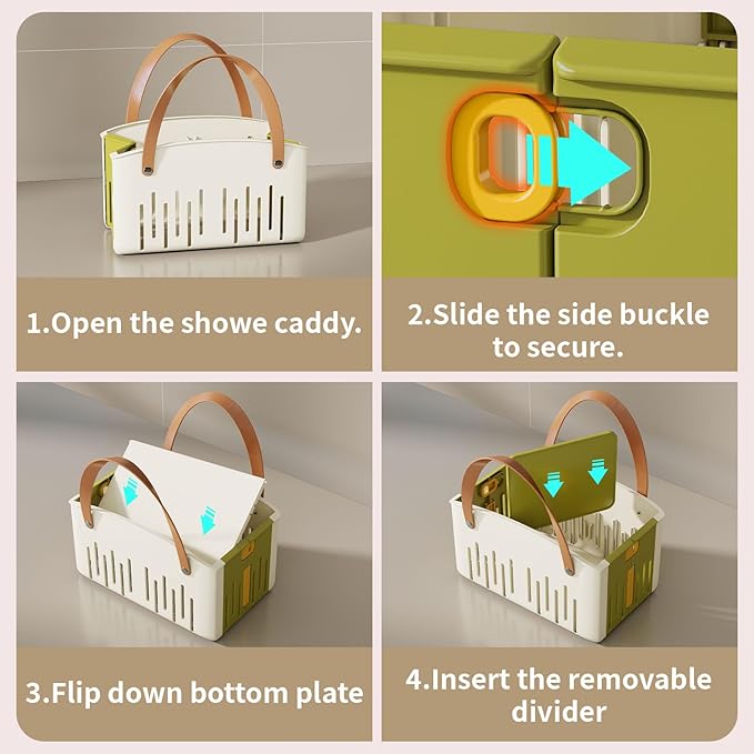 Portable Shower Caddy,Foldable Shower Caddy with Handle and Adjustable Divider,Plastic Shower Storage Basket,Quick Dry Bathroom Shower Organizer Bin for College,Dorm Room,Travel Essentials (Green)