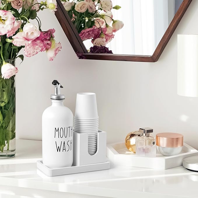 Glass Mouthwash Dispenser for Bathroom, 16 OZ Mouthwash Dispenser with Pour Spout and Wood Cup Holder and Tray, Mouth Wash Bottle Container, Farmhouse Kitchen Bathroom Decor and Accessories, White