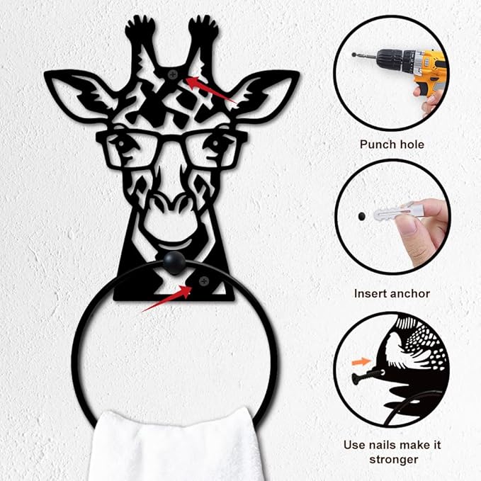 MAYJOYDIY Giraffe Metal Towel Ring Round Eyeglasses Giraffe Hand Towel Holder Ring Hanger Black Vintage Towels Wall Organizer for Kitchen Bath Home Laundry Room Decors Gifts