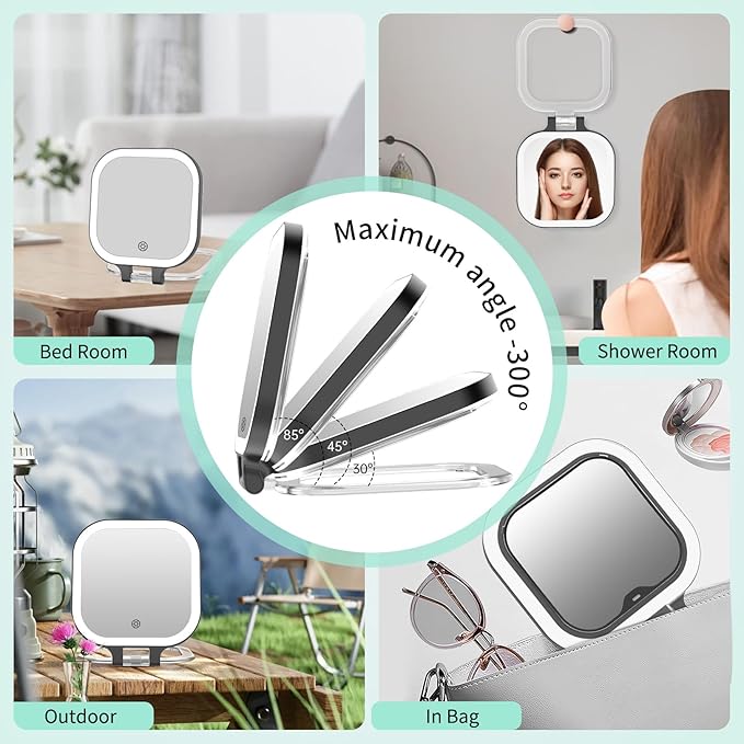 FASCINATE Rechargeable Travel Makeup Mirror 30X Magnification, 7" Lighted Portable Vanity Mirror with 3 Colors Lighting & Stepless Dimming, Double Sided LED Mirror, Gift for Women (Black)