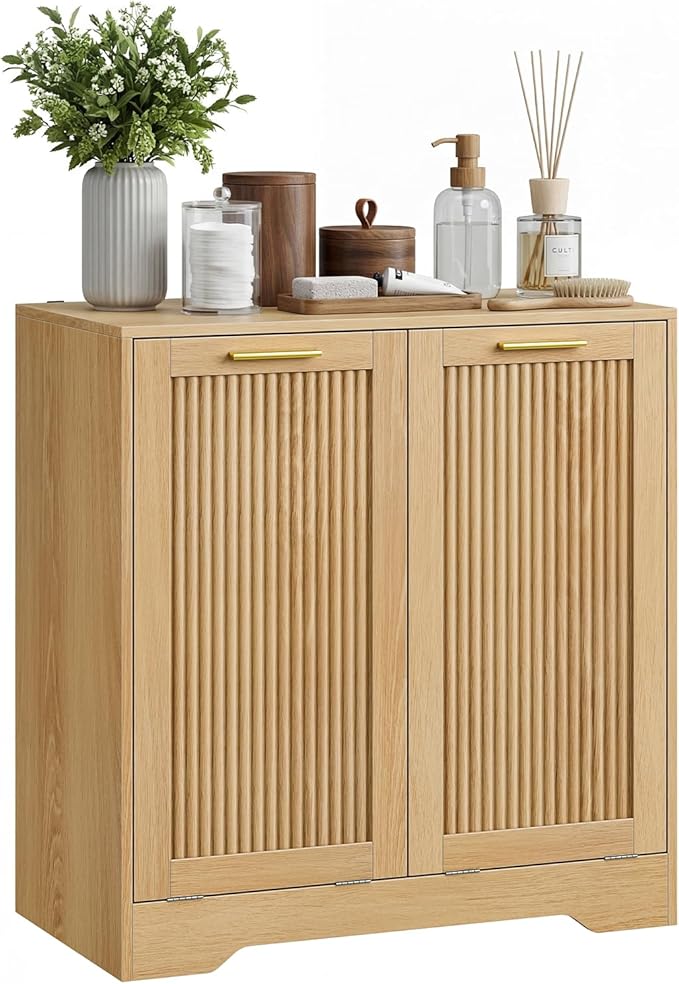 Smuxee Double Tilt Out Laundry Hamper Cabinet, Hidden Laundry Cabinet with Double Baskets, Natural Trash Can with Small Fluted Doors for Bathroom, Kitchen